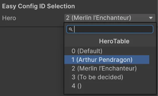A config ID dropdown in the Unity Inspector